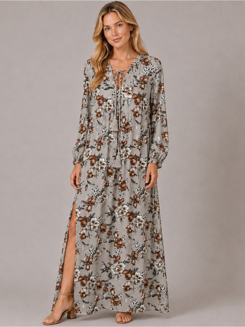Natural Life Amelia Maxi Dress V-neck Gray Rose floral Crinkle Boho Size L NWT